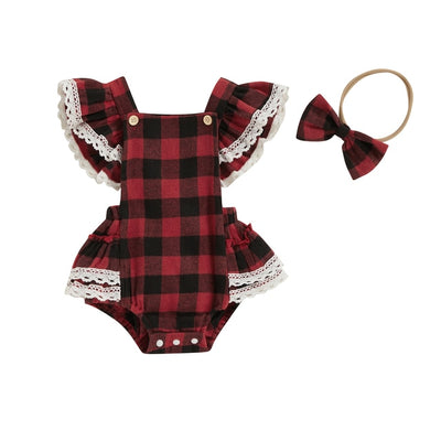 LISBETH Plaid Crochet Ruffle Romper with Headband