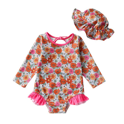 FLOWER POWER Long-Sleeve Swimsuit with Sun Hat