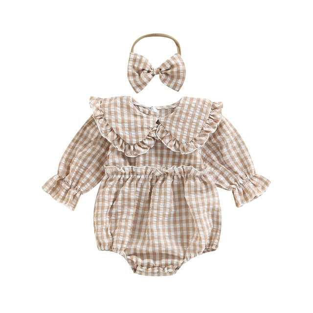 TILLY Checkered Ruffle Collar Romper with Headband
